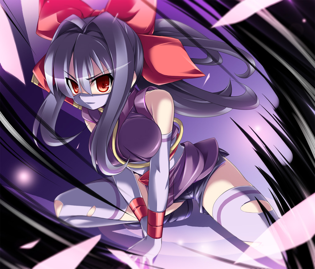 katami shinta, yuuyami no mikazuki, shinrabanshou, 1girl, female focus, long hair, mask, mouth mask, ninja, ninja mask, purple hair, red eyes, ribbon, shorts, socks, solo, thighhighs, torn clothes