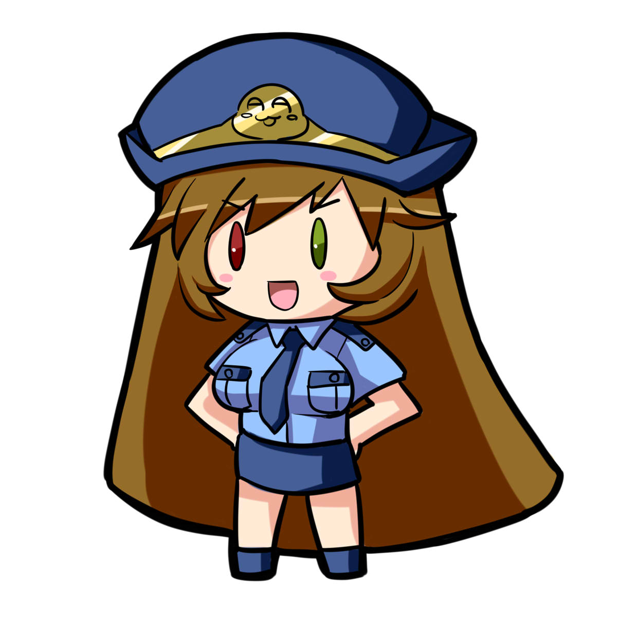 itini-sanshi, suiseiseki, rozen maiden, commentary request, highres, 0 0, 1girl, :d, alternate breast size (larger), blue necktie, blue shirt, blue shoes, blue skirt, breasts, brown hair, chibi, chibi only, full body, green eyes, heterochromia, large breasts, long hair, necktie, open mouth, police, police uniform, policewoman, red eyes, shirt, shoes, short sleeves, simple background, skirt, smile, solo, very long hair, white background