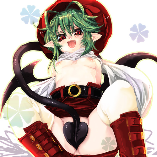 mis, misoka nitsuki, rukia moon, shinrabanshou, bad id, bad pixiv id, lowres, 1girl, blush, breasts, demon tail, fang, female focus, green hair, hat, looking at viewer, nipples, nude, open mouth, pointy ears, short hair, small breasts, solo, tail, thighhighs, topless female