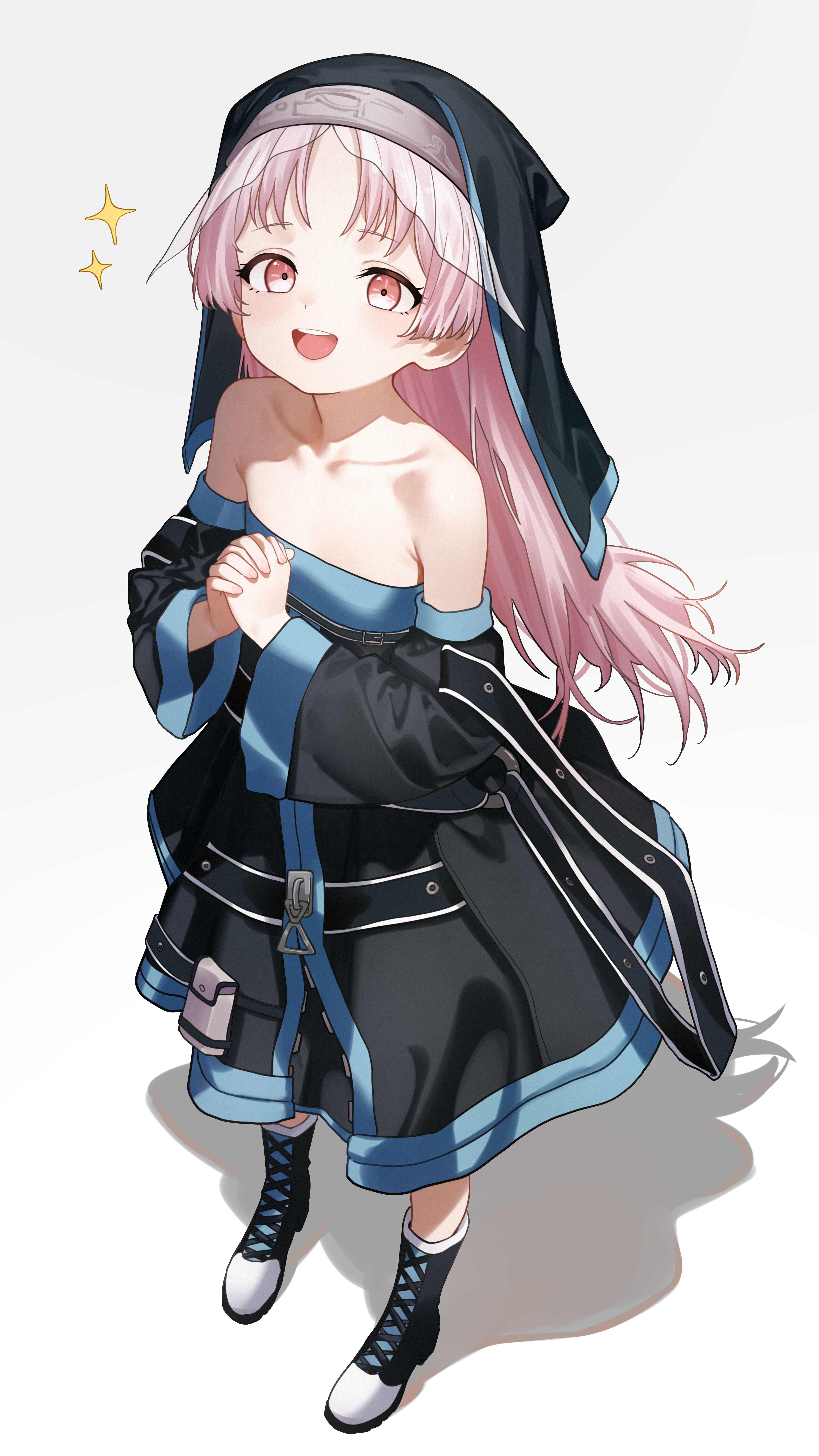 eco 376124, absurdres, commentary request, commission, copyright request, highres, pixiv commission, 1girl, bare shoulders, black boots, black dress, boots, collarbone, detached sleeves, dress, flat chest, full body, long hair, long sleeves, looking at viewer, nun, open mouth, own hands together, pink eyes, pink hair, shadow, solo, sparkle, standing, teeth, upper teeth only, white background