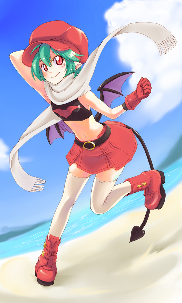 zeku (furrock), rukia moon, shinrabanshou, platform footwear, 1girl, bat wings, beach, day, demon tail, dutch angle, female focus, gloves, green hair, hat, midriff, navel, newsboy cap, ocean, pointy ears, red eyes, short hair, skirt, smile, solo, tail, thighhighs, white thighhighs, wings