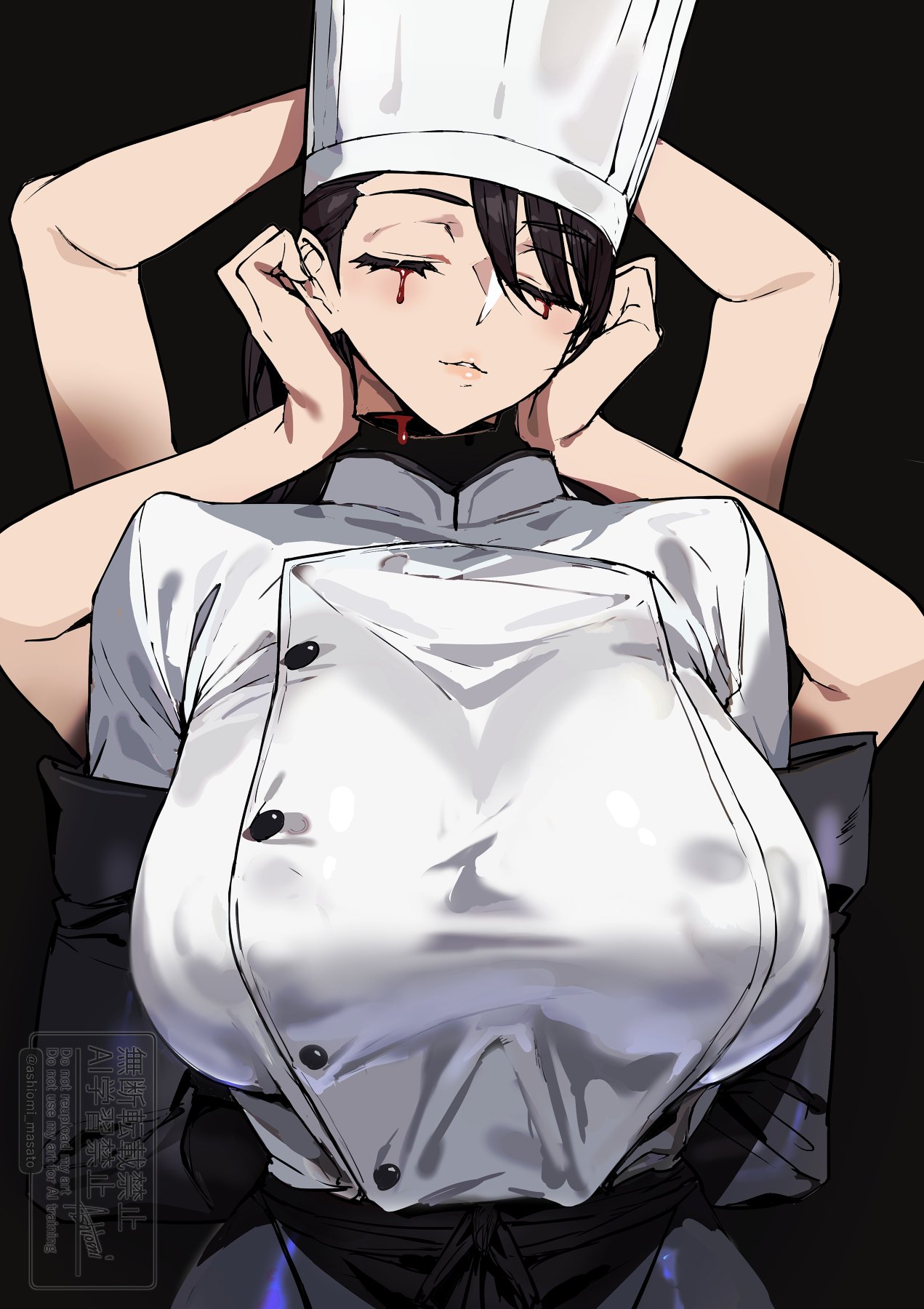 ashiomi masato, falling devil (chainsaw man), chainsaw man, highres, 1girl, apron, black hair, blood, bloody tears, breasts, chef, chef hat, closed eyes, disembodied head, extra arms, flat top chef hat, hat, holding detached head, large breasts, severed head, waist apron