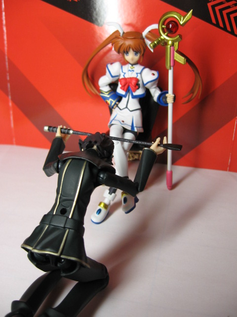 lelouch vi britannia, takamachi nanoha, code geass, figma, lyrical nanoha, mahou shoujo lyrical nanoha, mahou shoujo lyrical nanoha strikers, photo (medium), 00s, 1boy, 1girl, crossover, figure, figure (medium), magical girl, riding crop, school uniform, serafuku, thighhighs, twintails, whip
