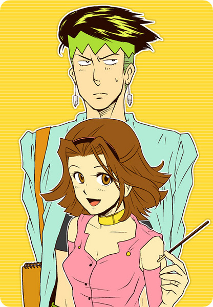 nozomi uni, kishibe rohan, sugimoto reimi, jojo no kimyou na bouken, 1boy, 1girl, armband, brown eyes, brown hair, choker, couple, earrings, ghost, green hair, hairband, headband, hetero, jewelry, midriff, open mouth, pocky, short hair, sketchbook, smile, sweatdrop