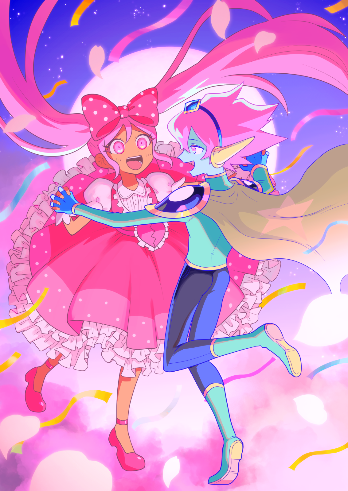 g tsurius, captain spaceboy, sweetheart (omori), omori, highres, 1boy, 1girl, absurdly long hair, blue gloves, blue skin, boots, bow, cape, colored skin, dark-skinned female, dark skin, dress, fingerless gloves, gloves, green boots, hair bow, long hair, long sleeves, looking at another, open mouth, pink bow, pink dress, pink eyes, pink hair, pink shoes, polka dot, polka dot bow, puffy short sleeves, puffy sleeves, shoes, short hair, short sleeves, smile, teeth, tongue, upper teeth only, very long hair, yellow cape