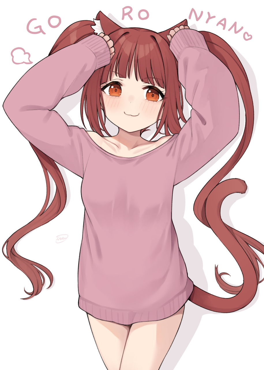 binsen, matsuda arisa, idolmaster, idolmaster million live!, highres, 1girl, :3, animal ear fluff, animal ears, blush, cat ears, cat girl, cat tail, closed mouth, collarbone, cowboy shot, kemonomimi mode, long hair, long sleeves, no panties, pink sweater, red eyes, red hair, simple background, sleeves past wrists, smile, solo, standing, sweater, tail, twintails, very long hair, white background