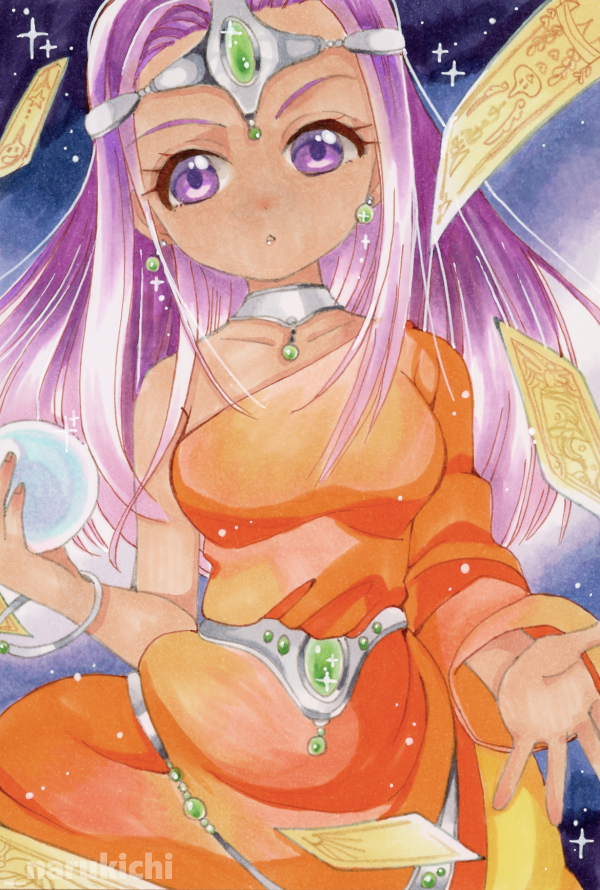 naruki, minea (dq4), dragon quest, dragon quest iv, traditional media, 1girl, alternate eye color, asymmetrical dress, card, circlet, cowboy shot, crystal ball, dark-skinned female, dark skin, dress, earrings, eyelashes, forehead jewel, gem, glint, green gemstone, hands up, holding orb, jewelry, long dress, long hair, long sleeves, looking at viewer, metal belt, neck ring, orange dress, orb, parted lips, purple eyes, purple hair, silver circlet, single bare shoulder, single sleeve, solo, sparkle, sphere earrings, tarot, tarot card