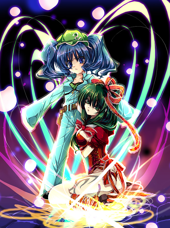 mis, misoka nitsuki, kagiyama hina, kawashiro nitori, touhou, 2girls, alternate costume, aura, belt, blue hair, bow, bubble, corset, energy, female focus, frills, frown, green hair, hair bobbles, hair bow, hair ornament, hat, kneeling, markings, multiple girls, open mouth, pants, ribbon, short twintails, sitting, twintails, two side up, wariza, water