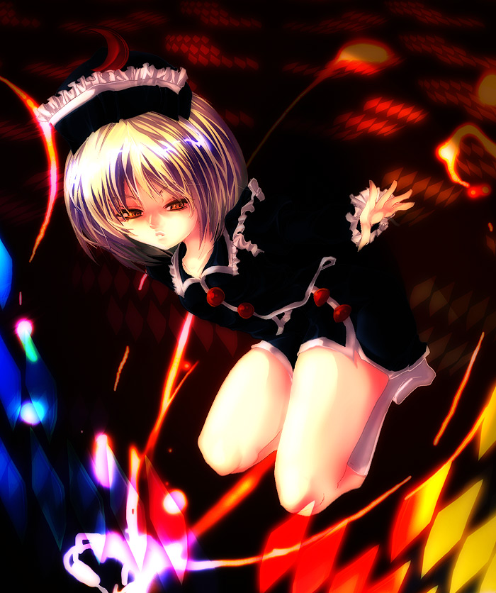 mis, misoka nitsuki, lunasa prismriver, touhou, 1girl, blonde hair, crescent, female focus, hat, red eyes, short hair, solo, thighs