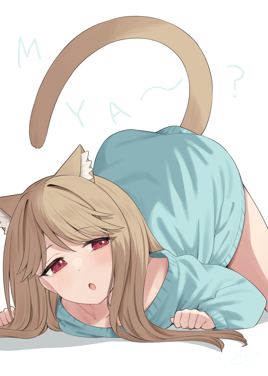 binsen, tenkuubashi tomoka, idolmaster, idolmaster million live!, highres, 1girl, :o, animal ear fluff, animal ears, blue sweater, brown hair, cat ears, cat girl, cat tail, collarbone, long hair, long sleeves, no pants, open mouth, red eyes, simple background, solo, sweater, tail, top-down bottom-up, white background