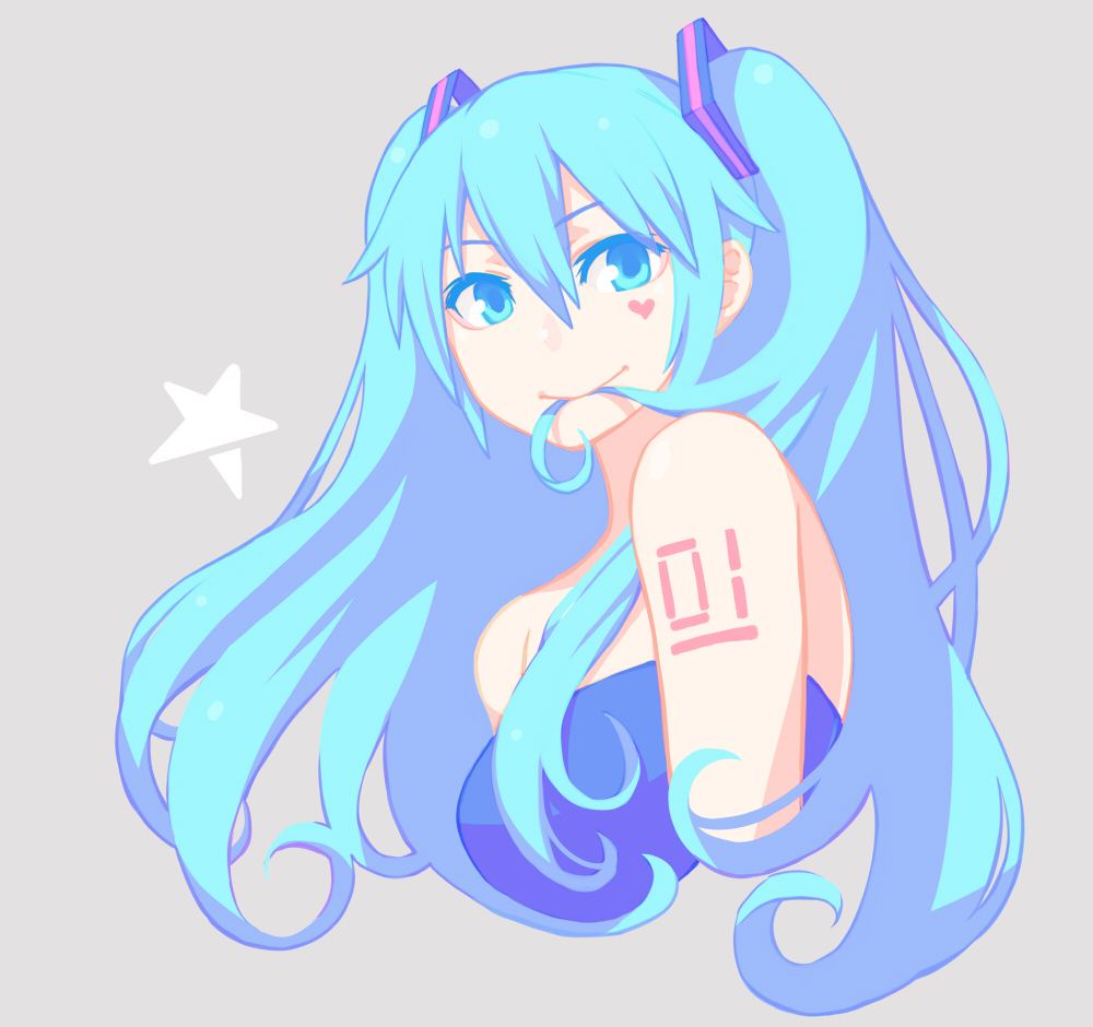 chan co, hatsune miku, vocaloid, 1girl, aqua eyes, aqua hair, blue eyes, female focus, grey background, hair in own mouth, heart, long hair, smile, solo, star (symbol), twintails