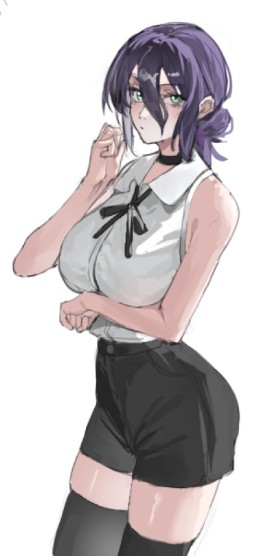 reze (chainsaw man), chainsaw man, 1girl, black choker, black ribbon, black shorts, breasts, choker, closed mouth, collared shirt, green eyes, hair between eyes, hair bun, large breasts, looking at viewer, neck ribbon, purple hair, ribbon, shirt, shirt tucked in, shorts, simple background, sleeveless, sleeveless shirt, solo, wei478, white background, white shirt