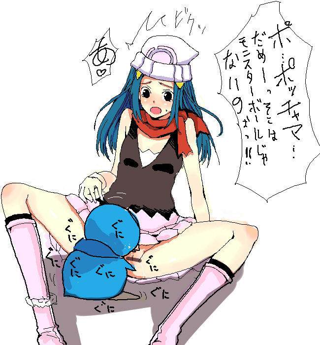 nakasone haiji, dawn (pokemon), piplup, nintendo, pokemon, bad id, bad pixiv id, translated, 1girl, animal, beanie, bestiality, blue hair, blush, boots, censored, creature, cunnilingus, flat chest, gen 4 pokemon, hat, knee boots, kneehighs, loli, oral, panties, panties around leg, pink boots, pokemon (creature), pokephilia, pussy, scarf, skirt, socks, text focus, underwear
