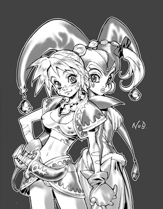 harle (chrono cross), kid (chrono cross), chrono (series), chrono cross, jpeg artifacts, lowres, 2girls, greyscale, harem pants, holding hands, monochrome, multi-tied hair, multiple girls, pants, ponytail
