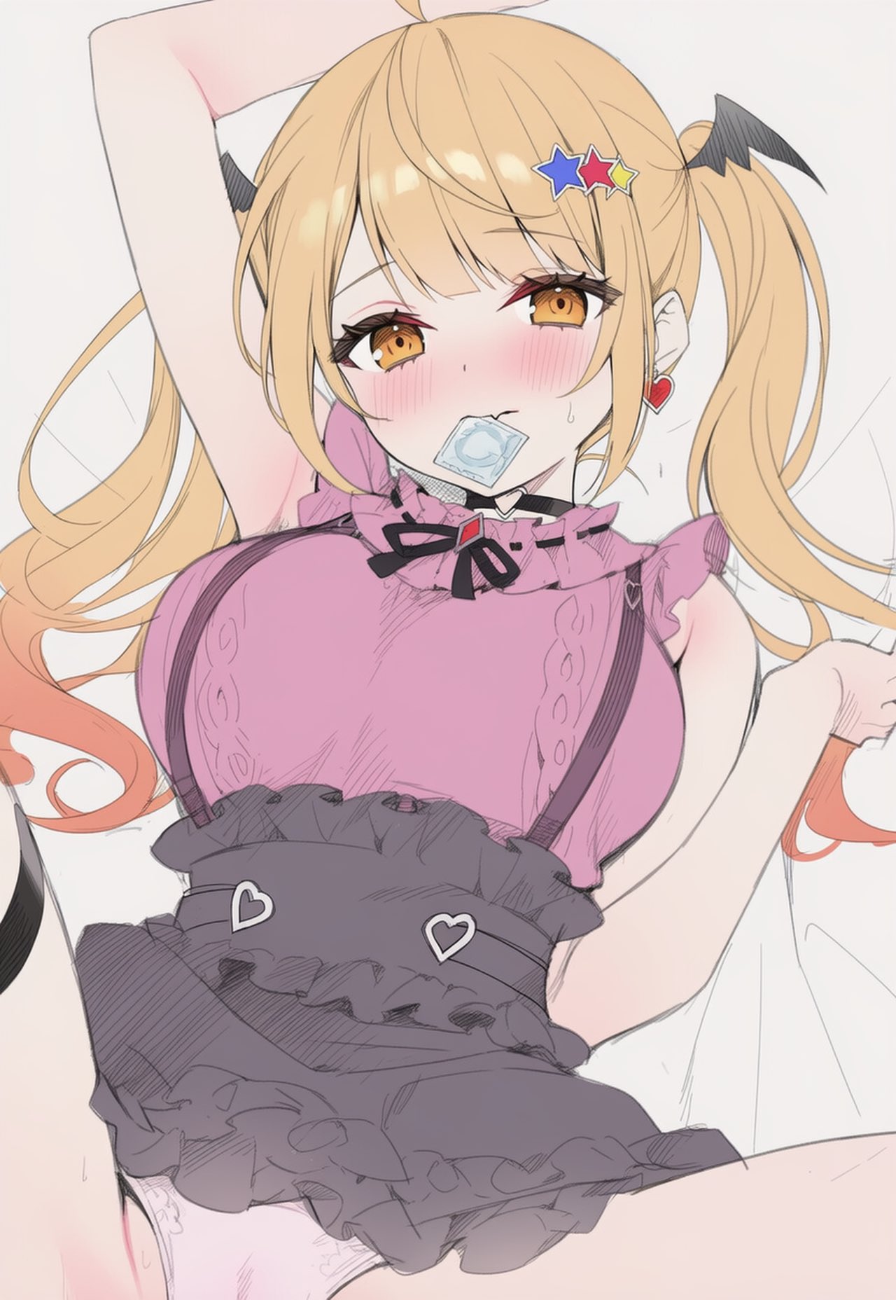 moi6d6f69, yozora mel, yozora mel (jirai kei), hololive, highres, 1girl, blonde hair, blush, breasts, condom, condom in mouth, embarrassed, jirai kei, large breasts, looking at viewer, mouth hold, panties, skirt, spread legs, underwear, virtual youtuber, yellow eyes