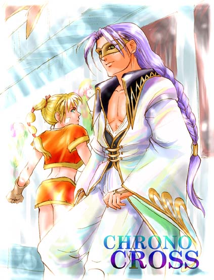 guile (chrono cross), kid (chrono cross), chrono (series), chrono cross, light purple hair, uniform, 1boy, 1girl, blonde hair, braid, from behind, high ponytail, long hair, multi-tied hair, ponytail, red skirt, short sleeves, single braid, skirt, standing, twintails, very long hair