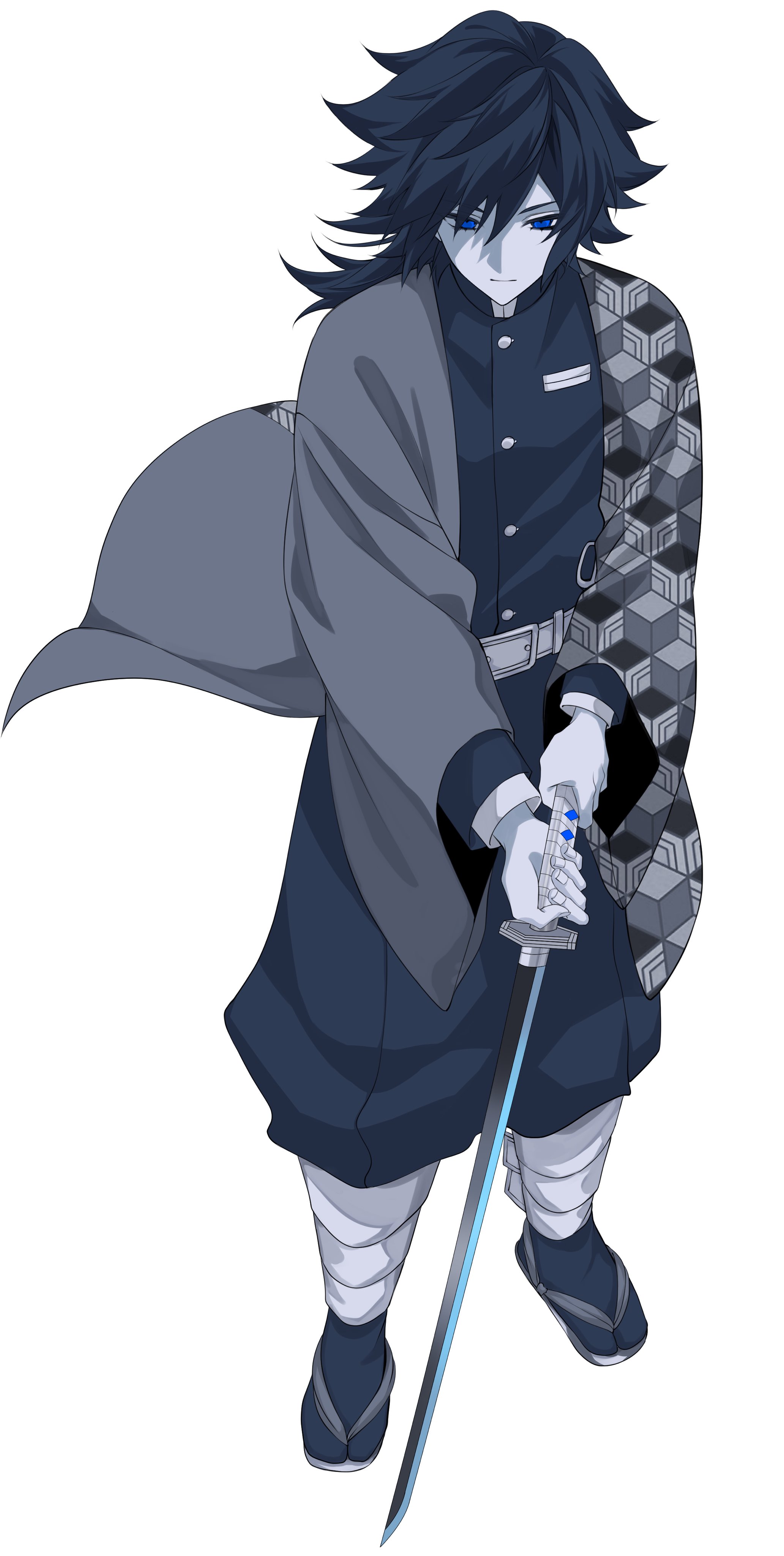 t ei to, tomioka giyuu, kimetsu no yaiba, absurdres, highres, 1boy, belt, black hair, black jacket, black pants, black socks, blue eyes, buttons, demon slayer uniform, full body, haori, high collar, holding, holding sword, holding weapon, jacket, japanese clothes, katana, kikkoumon, low ponytail, male focus, pants, ponytail, print haori, sandals, simple background, socks, solo, spiked hair, sword, weapon, white background