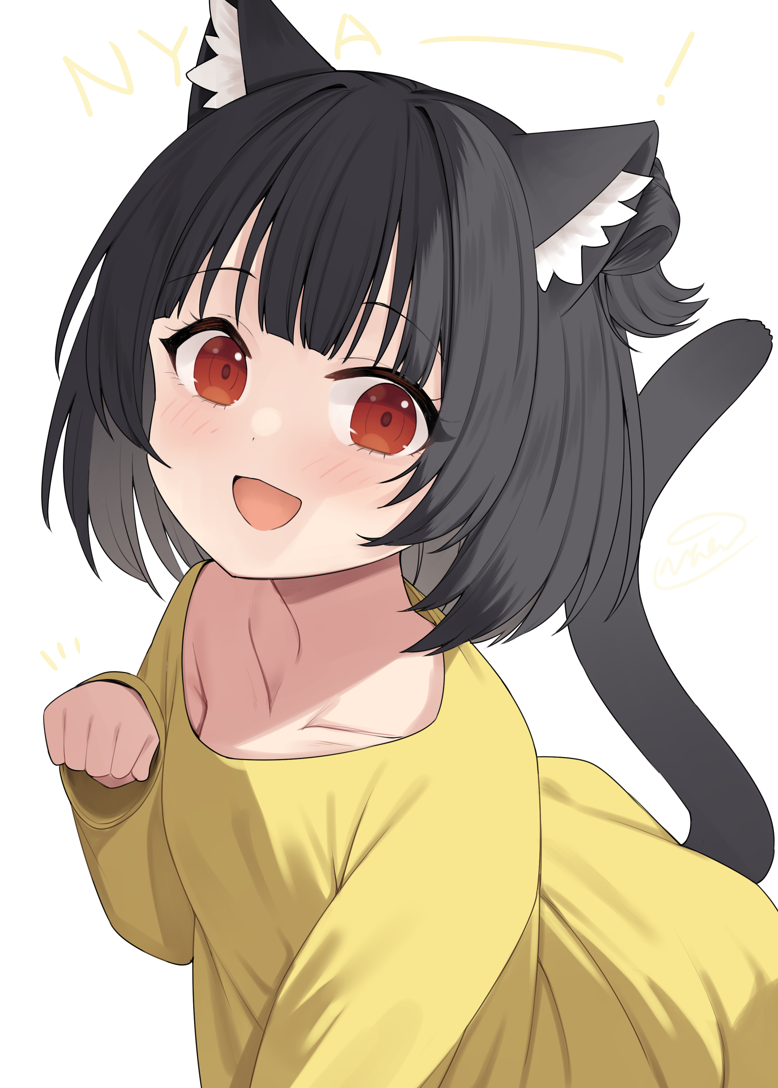 binsen, nakatani iku, idolmaster, idolmaster million live!, absurdres, highres, 1girl, :d, animal ear fluff, animal ears, black hair, blush, cat ears, cat girl, cat tail, collarbone, kemonomimi mode, long sleeves, open mouth, paw pose, red eyes, short hair, simple background, smile, solo, sweater, tail, white background, yellow sweater