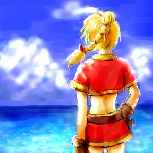 kid (chrono cross), chrono (series), chrono cross, lowres, 1girl, blonde hair, braid, brown gloves, female focus, from behind, gloves, hand on own hip, high ponytail, miniskirt, multi-tied hair, ponytail, red skirt, single braid, skirt, solo, standing, vest