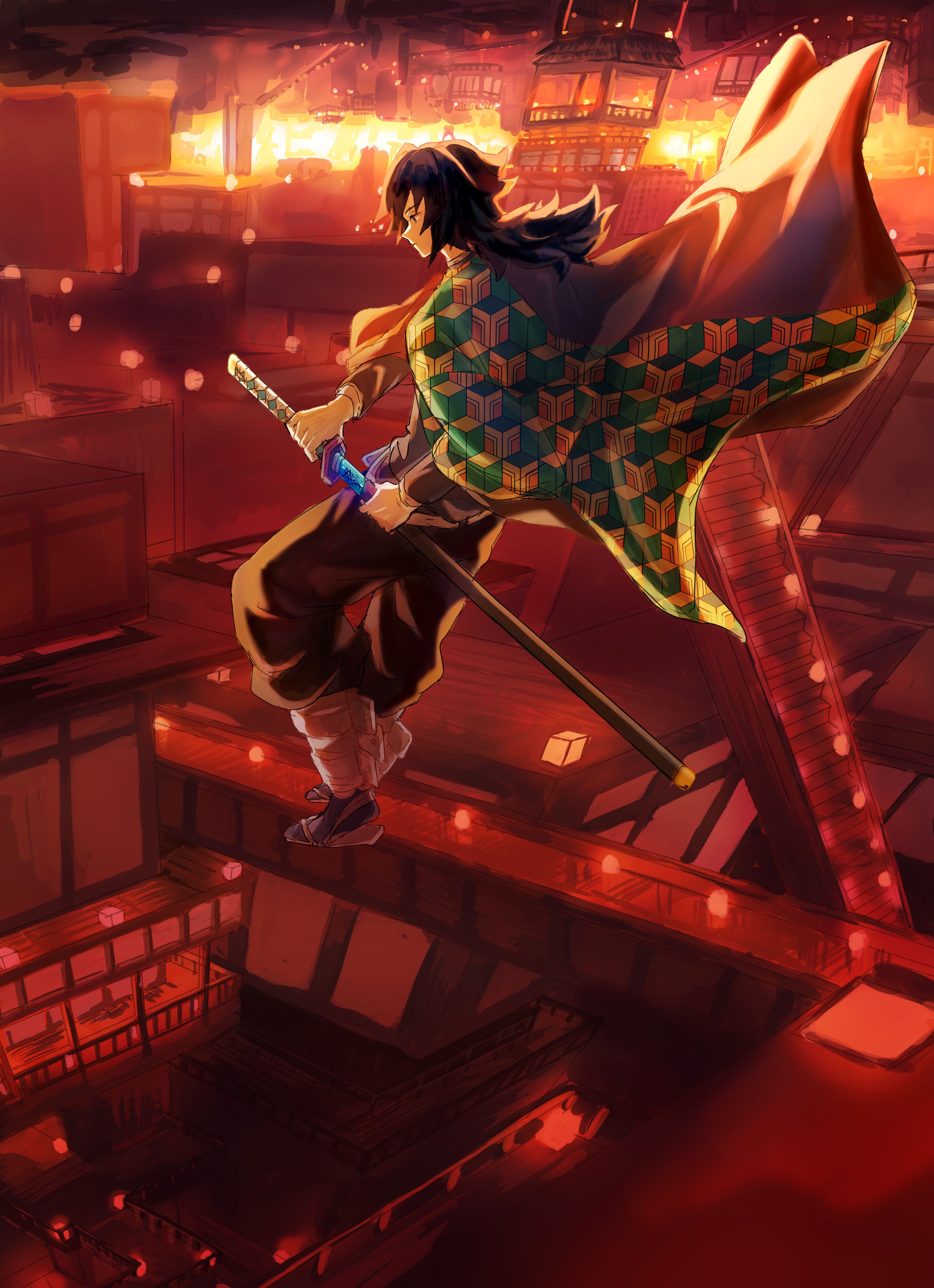 tomioka giyuu, kimetsu no yaiba, absurdres, highres, 1boy, black hair, black jacket, black pants, blue eyes, closed mouth, demon slayer uniform, full body, haori, high collar, holding, holding sword, holding weapon, indoors, jacket, japanese clothes, jumping, katana, kikkoumon, low ponytail, male focus, pants, ponytail, print haori, red haori, solo, spiked hair, srsee 5463, sword, weapon
