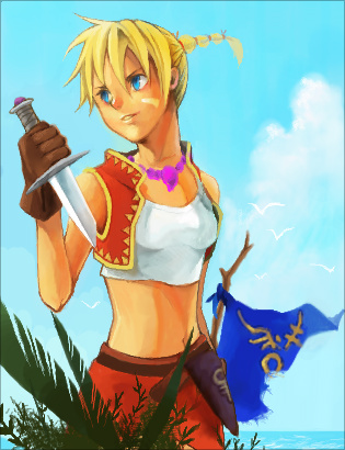 kid (chrono cross), chrono (series), chrono cross, lowres, 1girl, beach, blonde hair, blue eyes, day, female focus, gloves, knife, midriff, multi-tied hair, oekaki, ponytail, solo