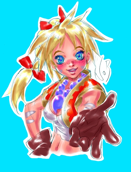 yuuki nobuteru, kid (chrono cross), chrono (series), chrono cross, official art, 1girl, beads, blonde hair, blue eyes, blush, breasts, covered erect nipples, crop top, facial mark, female focus, gloves, hair ribbon, jewelry, long hair, magatama, medium breasts, midriff, navel, necklace, outstretched arm, outstretched hand, ponytail, reaching, ribbon, simple background, smile, solo, tattoo, vest