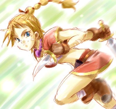 kid (chrono cross), chrono (series), chrono cross, lowres, blonde hair, braid, high ponytail, long hair, multi-tied hair, ponytail, solo
