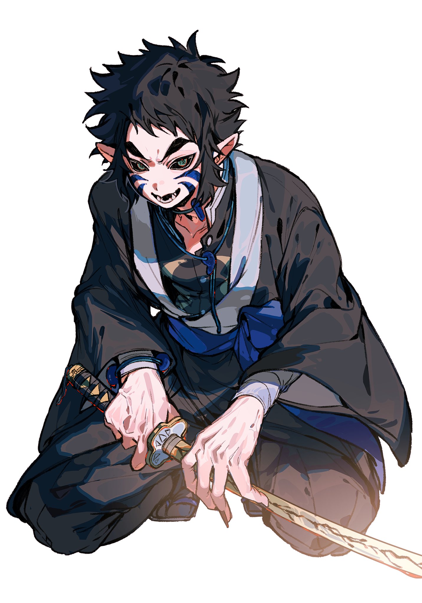 ikaooi1, kaigaku, kimetsu no yaiba, highres, 1boy, black pants, black sclera, blue tattoo, collarbone, colored sclera, facial tattoo, full body, holding, holding sword, holding weapon, katana, looking at viewer, male focus, pants, pointy ears, short hair, simple background, sitting, solo, spiked hair, sword, tattoo, teeth, thick eyebrows, weapon, white background, wide sleeves