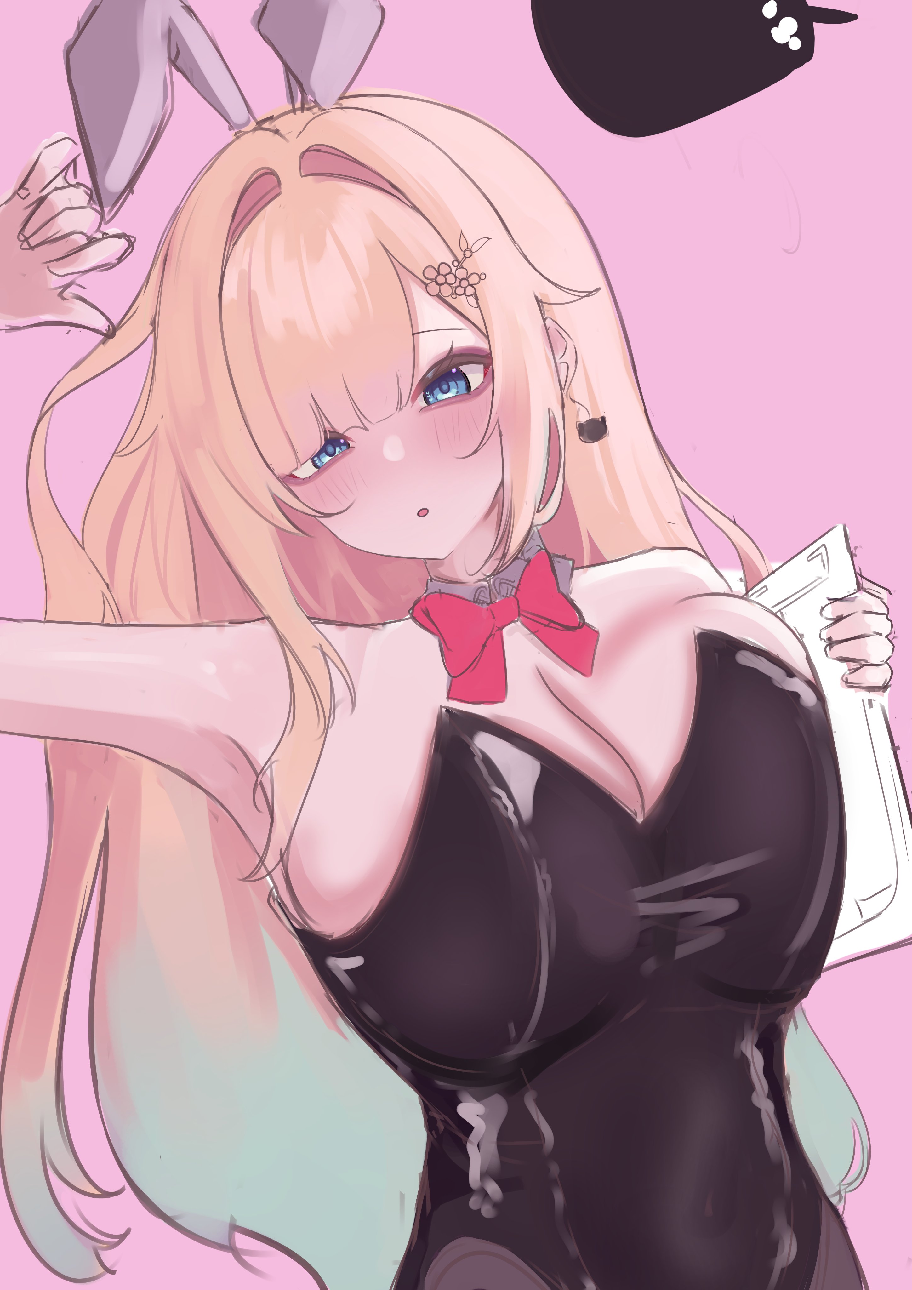 f he4rt, aizawa ema, vspo!, absurdres, highres, 1girl, animal ears, black leotard, blonde hair, blue eyes, breasts, detached collar, fake animal ears, gradient hair, hair ornament, large breasts, leotard, long hair, looking at viewer, multicolored hair, playboy bunny, rabbit ears, solo, strapless, strapless leotard, virtual youtuber