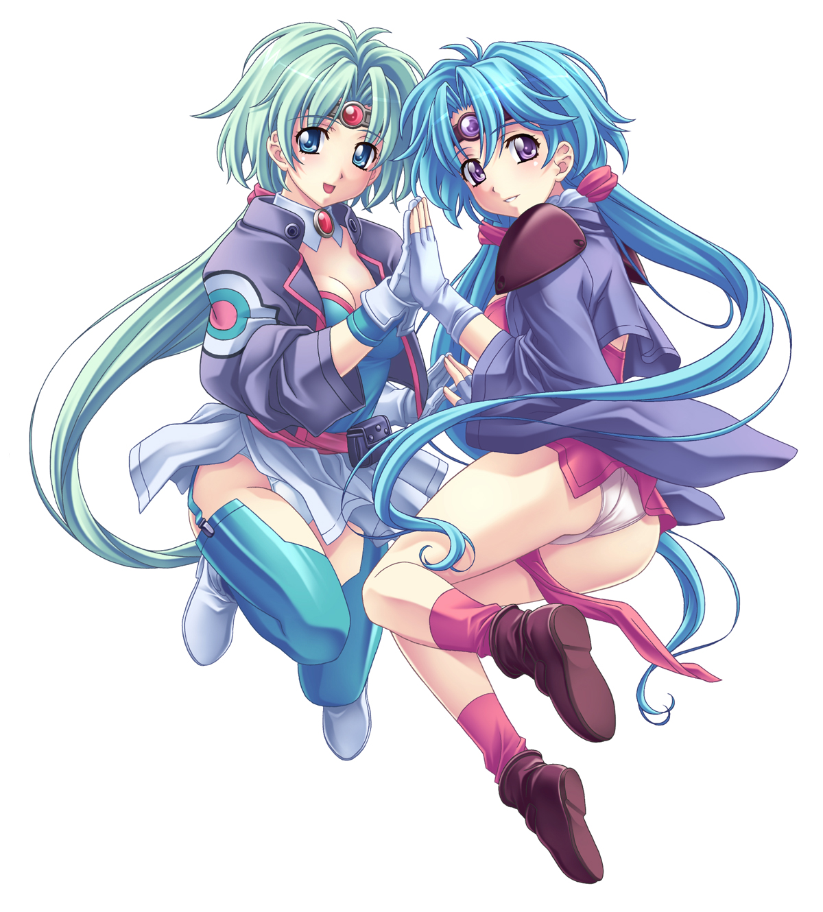 nagayori, paffy pafuricia, haou taikei ryuu knight, highres, 1990s (style), 2girls, blue eyes, blue hair, choker, circlet, dual persona, gloves, hair tie, jacket, multiple girls, panties, pantyshot, ponytail, purple eyes, retro artstyle, smile, socks, thighhighs, twintails, underwear