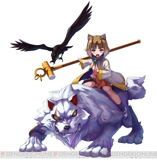 akaga hirotaka, inuwaka nazuna, aq interactive, arcana heart, arcana heart 2, atlus, examu, beast, official art, 1girl, animal, animal ears, bird, female focus, hawk, robe, school uniform, serafuku, sitting, solo, staff, white background, wolf