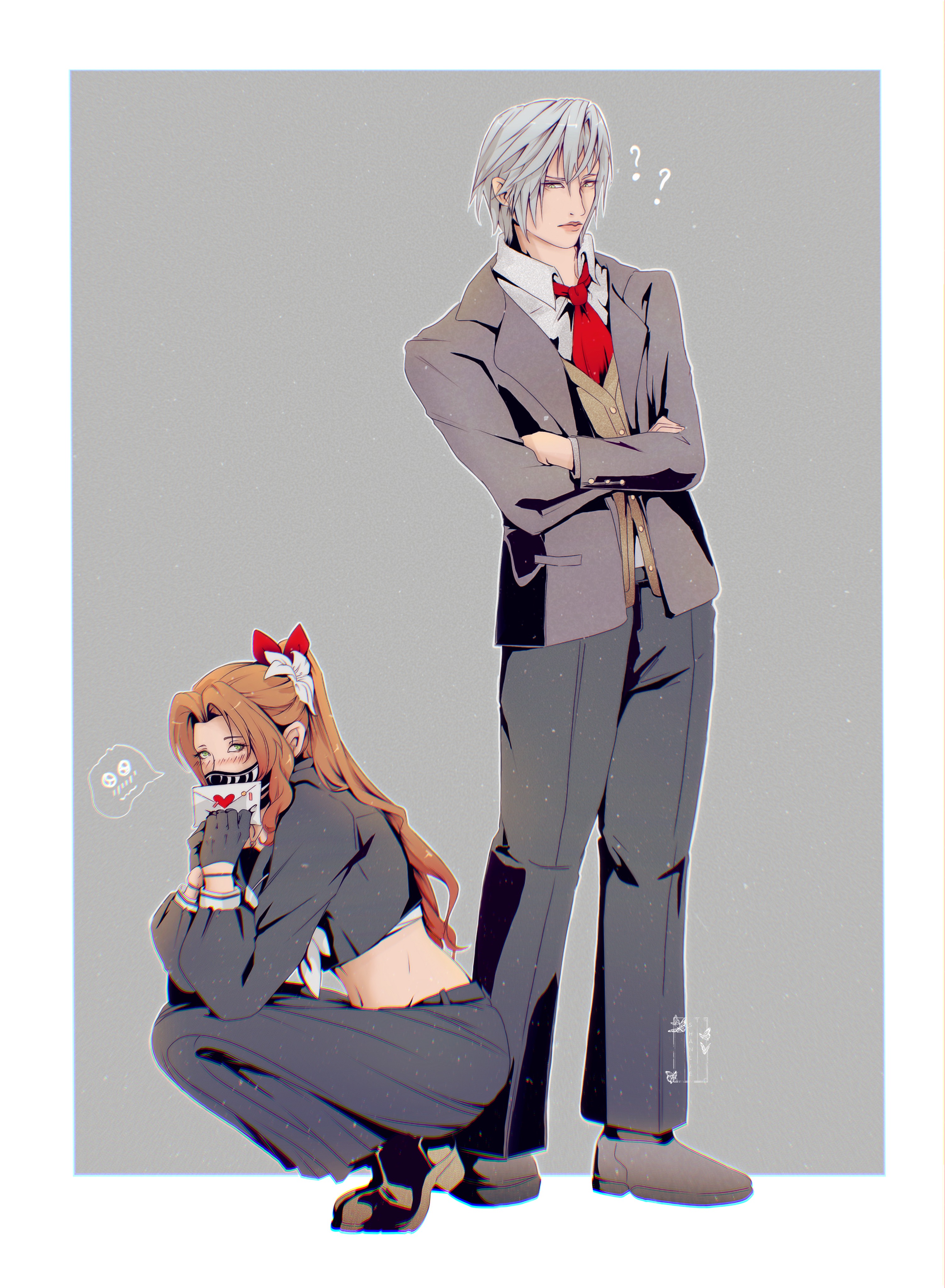 shanlieart, aerith gainsborough, sephiroth, sephiroth (ever crisis), final fantasy, final fantasy vii, final fantasy vii ever crisis, absurdres, highres, 1boy, 1girl, ?, ??, aerith gainsborough (midgard seventh high school), bandaged chest, black gloves, black mask, black pants, black sailor collar, black shirt, black shoes, black skirt, blush, border, bracelet, brown cardigan, brown hair, cardigan, collared shirt, colored tips, crop top, crossed arms, delinquent, envelope, flower, gloves, grey background, grey hair, grey jacket, grey neckerchief, hair between eyes, hair flower, hair ornament, hair ribbon, hetero, holding, holding envelope, jacket, jewelry, letter, long hair, long skirt, long sleeves, love letter, mask, midriff, mouth mask, multicolored hair, neckerchief, necktie, official alternate costume, pants, parted bangs, pleated skirt, ponytail, red hair, red necktie, red ribbon, ribbon, sailor collar, school uniform, sephiroth (shinra private academy), shirt, shoes, short hair, sidelocks, skirt, squatting, standing, suit jacket, sukeban, wavy hair, white border, white flower, white shirt