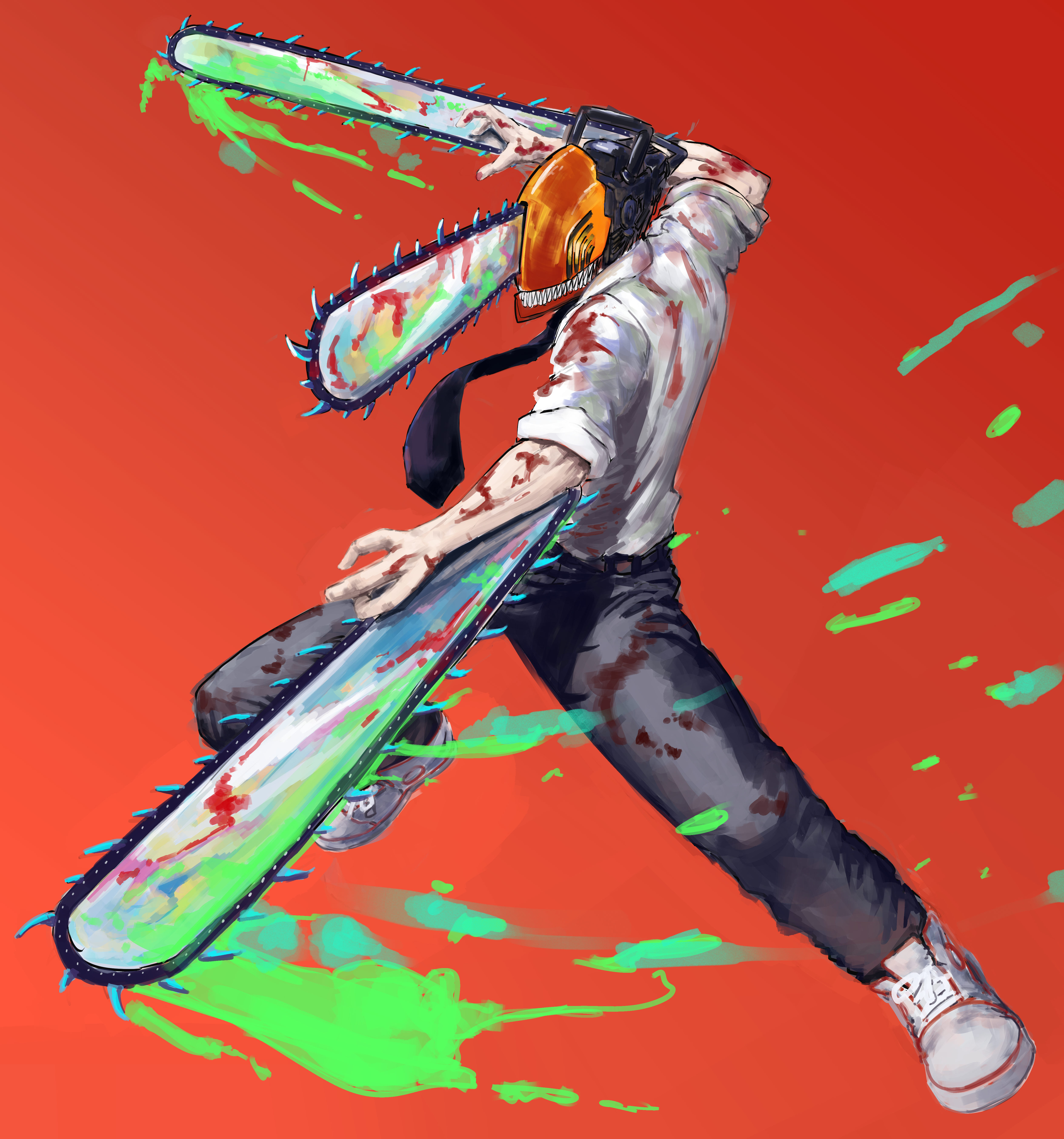 denji (chainsaw man), chainsaw man, absurdres, highres, 1boy, alternate form, black necktie, black pants, blood, blood on clothes, chainsaw, gradient background, konpeki no sora (artist), male focus, necktie, orange background, pants, red background, sharp teeth, shirt, shirt tucked in, shoes, sleeves rolled up, solo, teeth, white shirt, white shoes