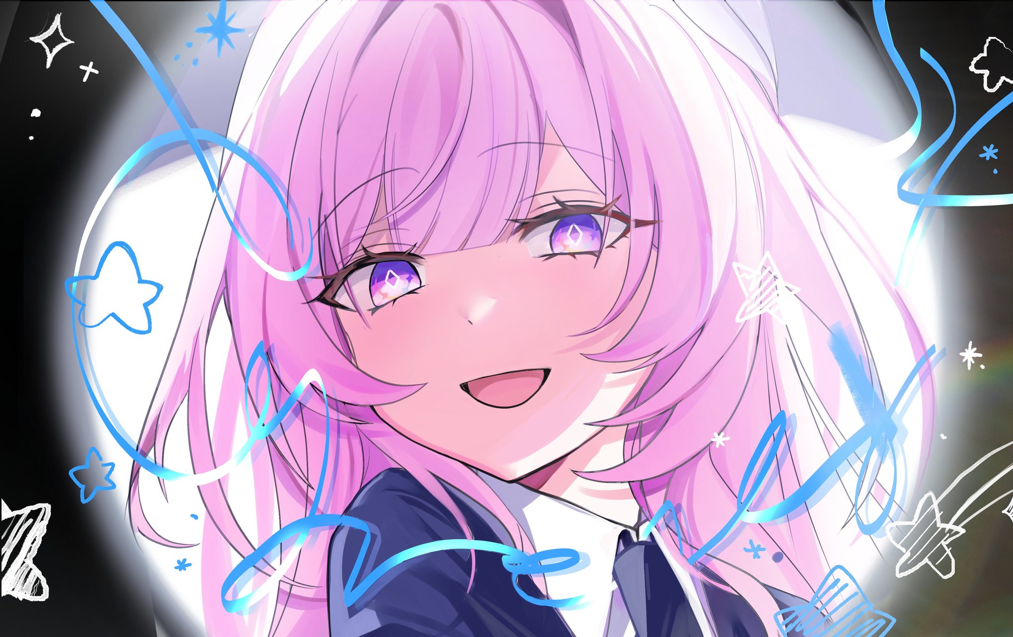 yohwa 1228, cyrene (honkai: star rail), cyrene (ripples of past reverie) (honkai: star rail), honkai: star rail, honkai (series), commentary request, highres, 1girl, alternate costume, black background, blue shirt, diamond-shaped pupils, diamond (shape), long hair, pink hair, portrait, purple eyes, shirt, smile, solo, spotlight, symbol-shaped pupils
