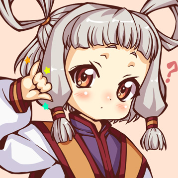 kink (tortoiseshell), tianzi, code geass, macross, macross frontier, silver hair, lowres, 1girl, ?, blush, brown eyes, female focus, hair rings, m/, parody, season connection, seikan hikou, simple background, solo