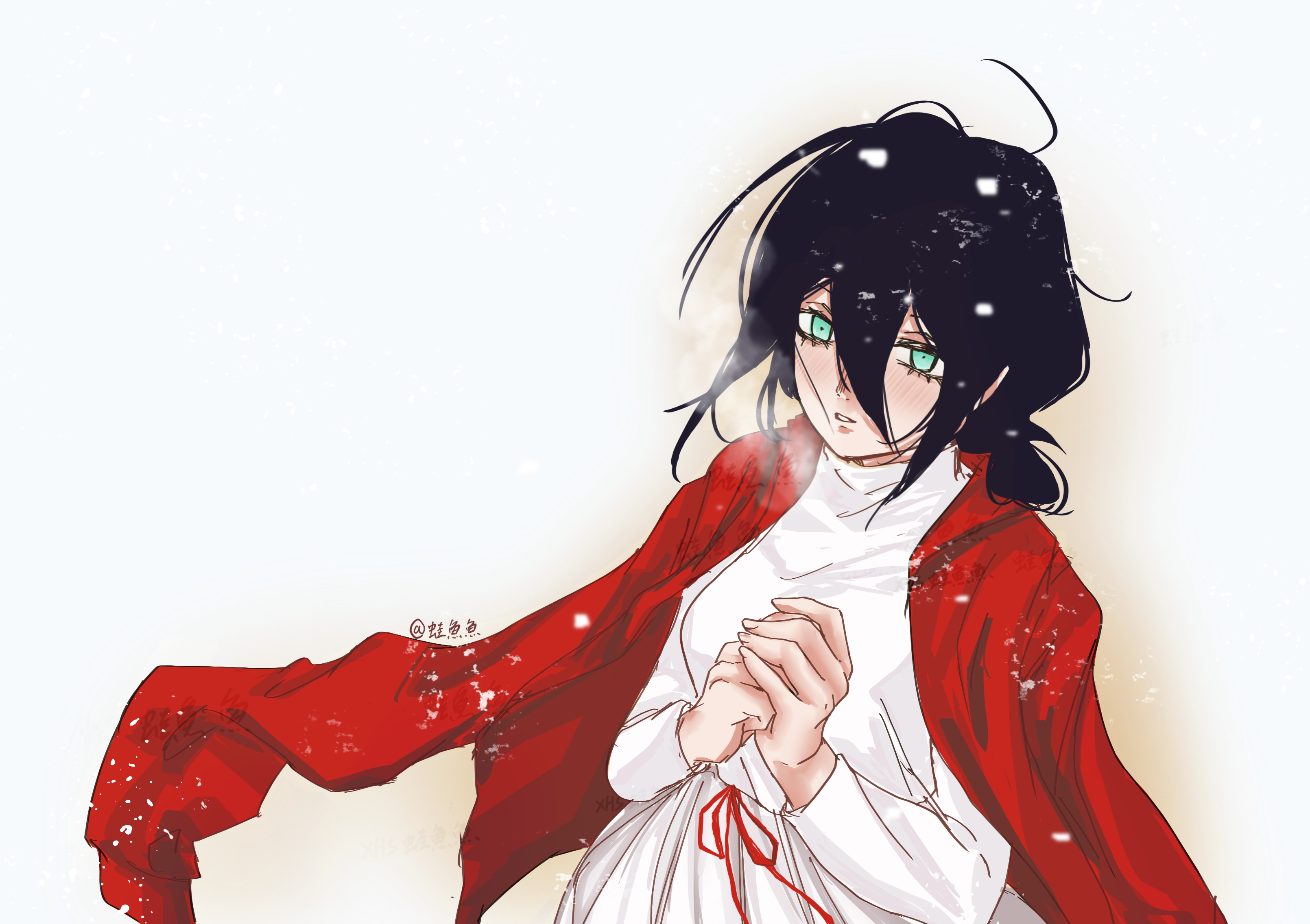reze (chainsaw man), chainsaw man, absurdres, highres, 1girl, alternate costume, black hair, dress, green eyes, hair between eyes, jacket, jacket on shoulders, long hair, own hands together, parted lips, red jacket, solo, waaayuandrea, white background, white dress