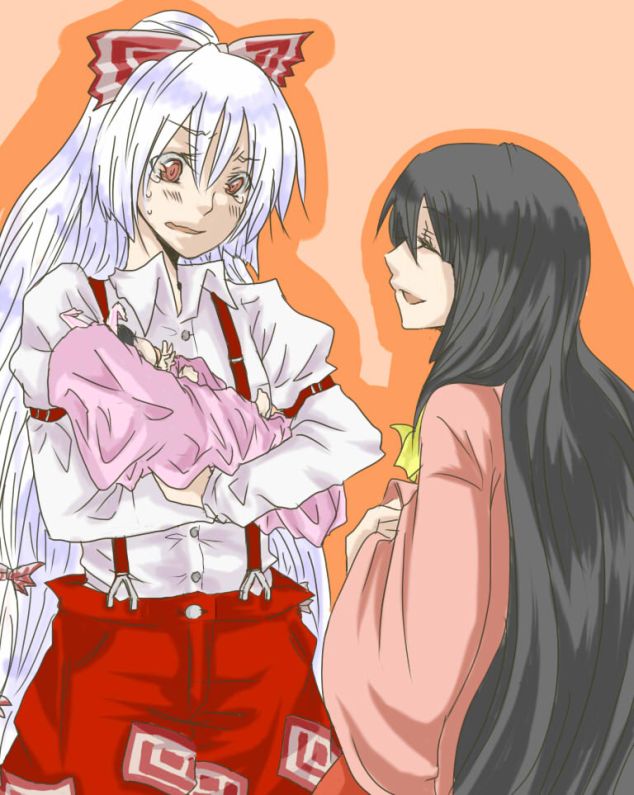 ana (tateana juukyo), gatakao, kiri, fujiwara no mokou, houraisan kaguya, touhou, silver hair, 2girls, baby, black hair, child, female focus, if they mated, long hair, multiple girls, ribbon, science, tears, yuri