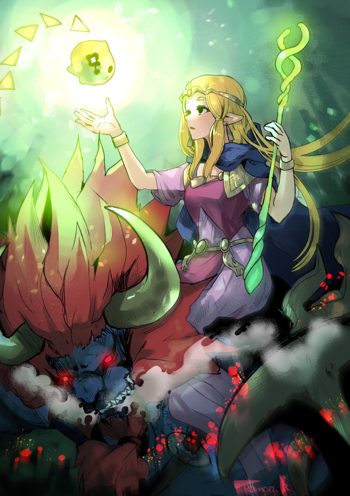 lynel, princess zelda, tri (zelda), nintendo, the legend of zelda, the legend of zelda: echoes of wisdom, highres, 1girl, armor, bracelet, breasts, breath, circlet, creature, dress, glowing, glowing eyes, gold bracelet, gold trim, holding, holding staff, jewelry, long dress, long hair, medium breasts, monster, parted bangs, parted lips, pink dress, pointy ears, red eyes, shoulder armor, sidelocks, staff, yamiochirink