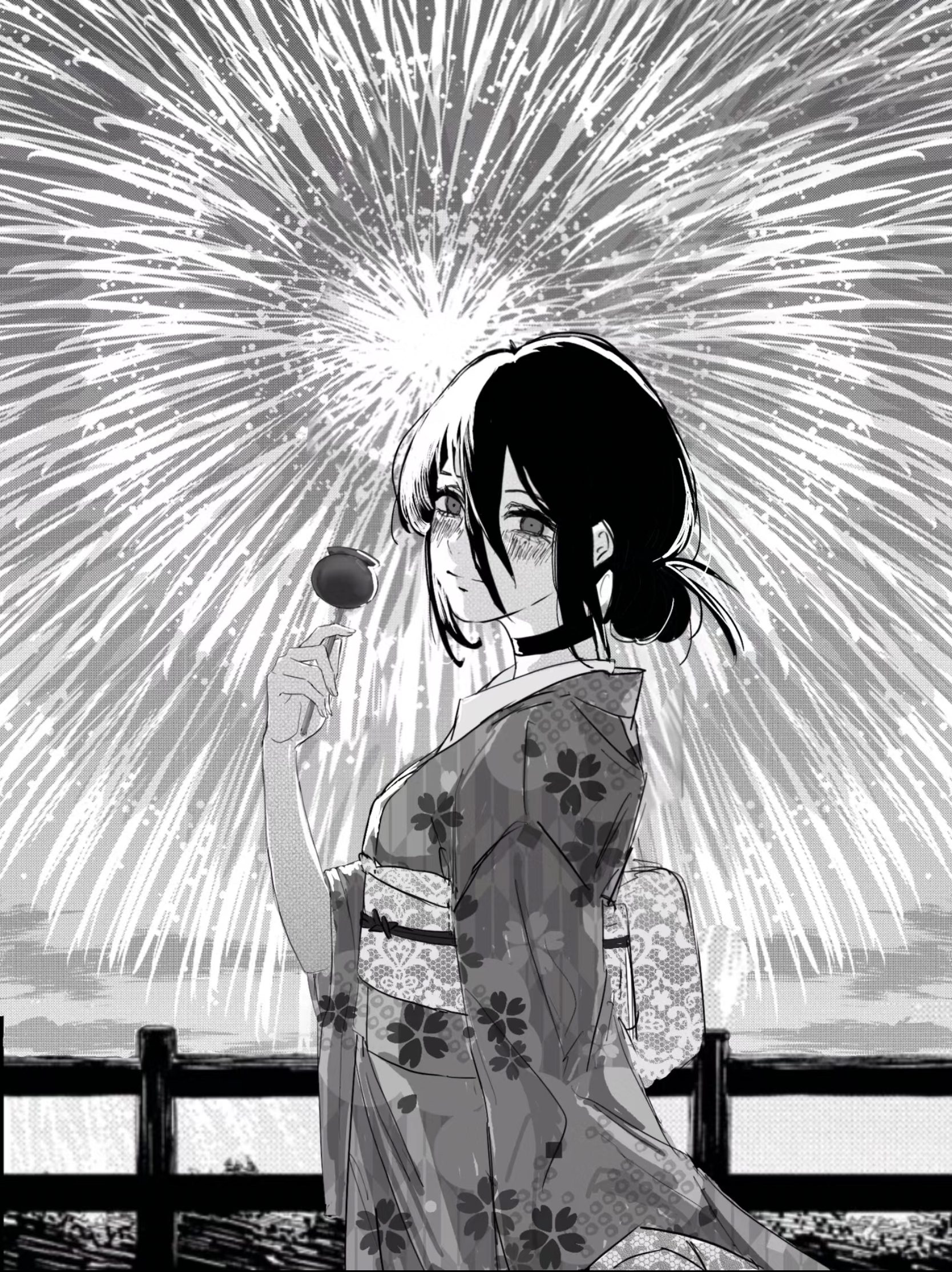 reze (chainsaw man), chainsaw man, commentary request, highres, 1girl, aerial fireworks, candy apple, choker, closed mouth, fence, fireworks, food, greyscale, hair between eyes, hair bun, japanese clothes, kimono, looking at viewer, monochrome, outdoors, solo, waaayuandrea, wooden fence, yukata