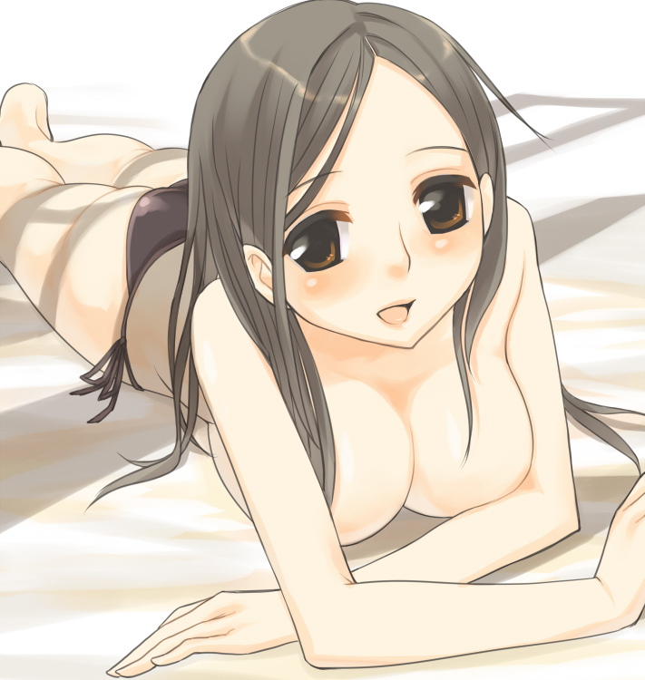 gk, original, bad id, bad pixiv id, 1girl, bikini, blush, breasts, brown eyes, female focus, large breasts, long hair, lying, on stomach, open mouth, side-tie bikini bottom, solo, swimsuit, topless female