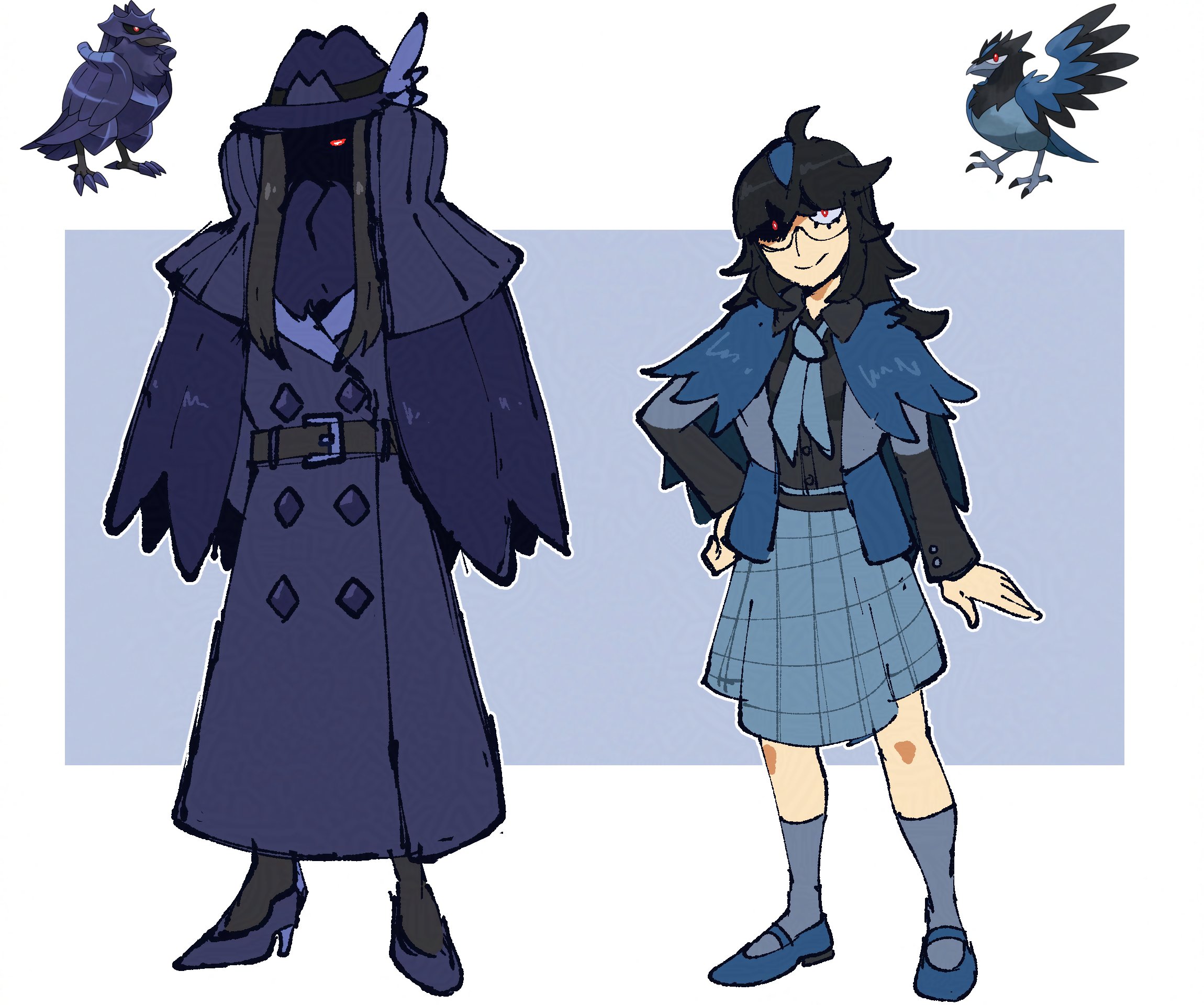 juno son, corviknight, corvisquire, nintendo, pokemon, pokemon swsh, highres, bird, black hair, coat, feather trim, feathers, gen 8 pokemon, glasses, hat, high heels, pokemon (creature), red eyes, reference inset, skirt, standing, trench coat