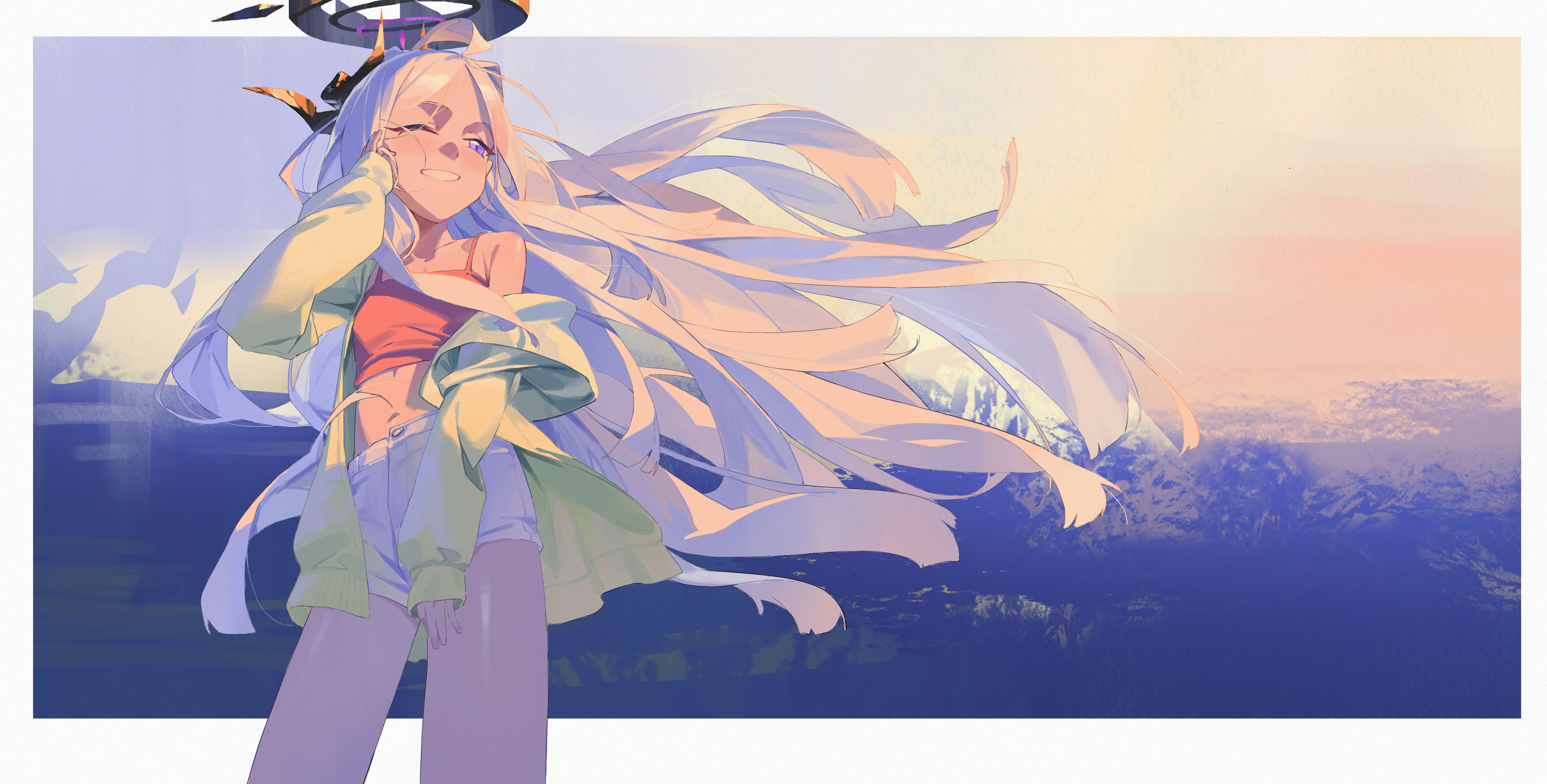 li-mi, hina (blue archive), blue archive, absurdres, highres, 1girl, ahoge, black halo, blush, breasts, demon girl, demon horns, grey hair, halo, horns, long hair, purple eyes, small breasts, solo, standing, very long hair, white hair