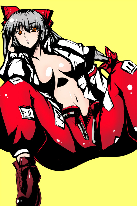 tsukishiro kou, fujiwara no mokou, touhou, silver hair, 1girl, breasts, female focus, long hair, lying, open clothes, open shirt, ribbon, shirt, simple background, solo, spread legs