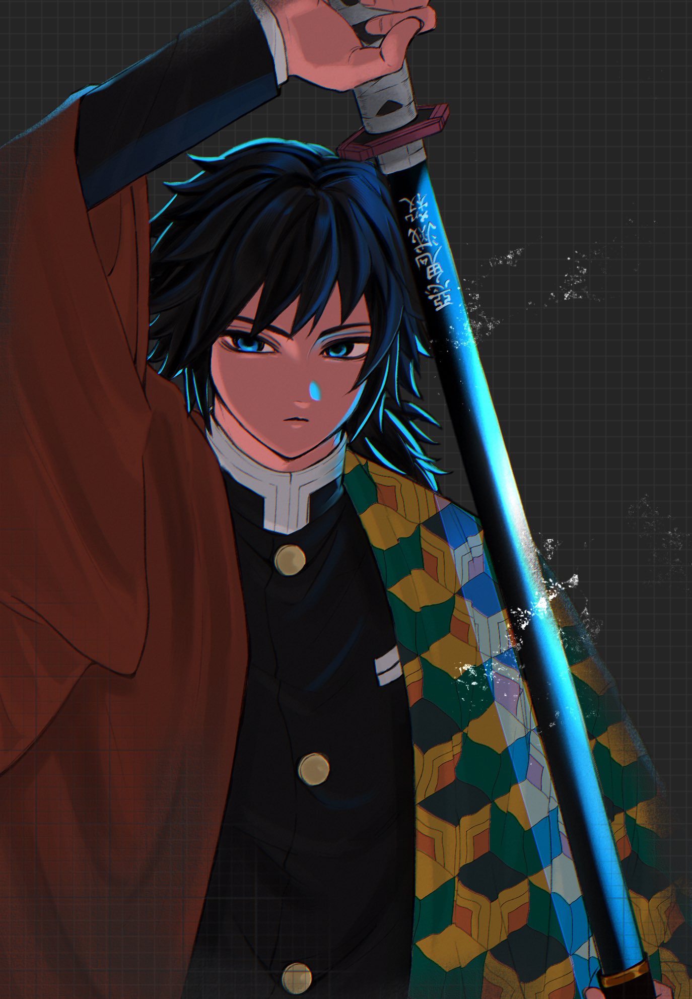 tomioka giyuu, kimetsu no yaiba, highres, 1boy, arm up, black hair, black jacket, blue eyes, buttons, closed mouth, demon slayer uniform, gold buttons, grey background, haori, high collar, holding, holding sword, holding weapon, jacket, japanese clothes, katana, kikkoumon, looking at viewer, low ponytail, male focus, nunu92254, ponytail, print haori, red haori, solo, spiked hair, sword, weapon