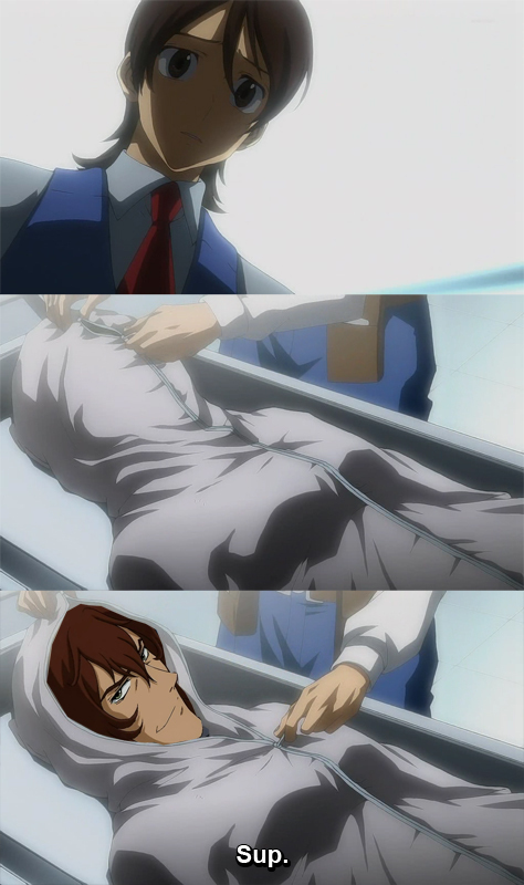 saji crossroad, gundam, gundam 00, anime screenshot, third-party edit, 2boys, comic, english text, male focus, multiple boys, parody, subtitled