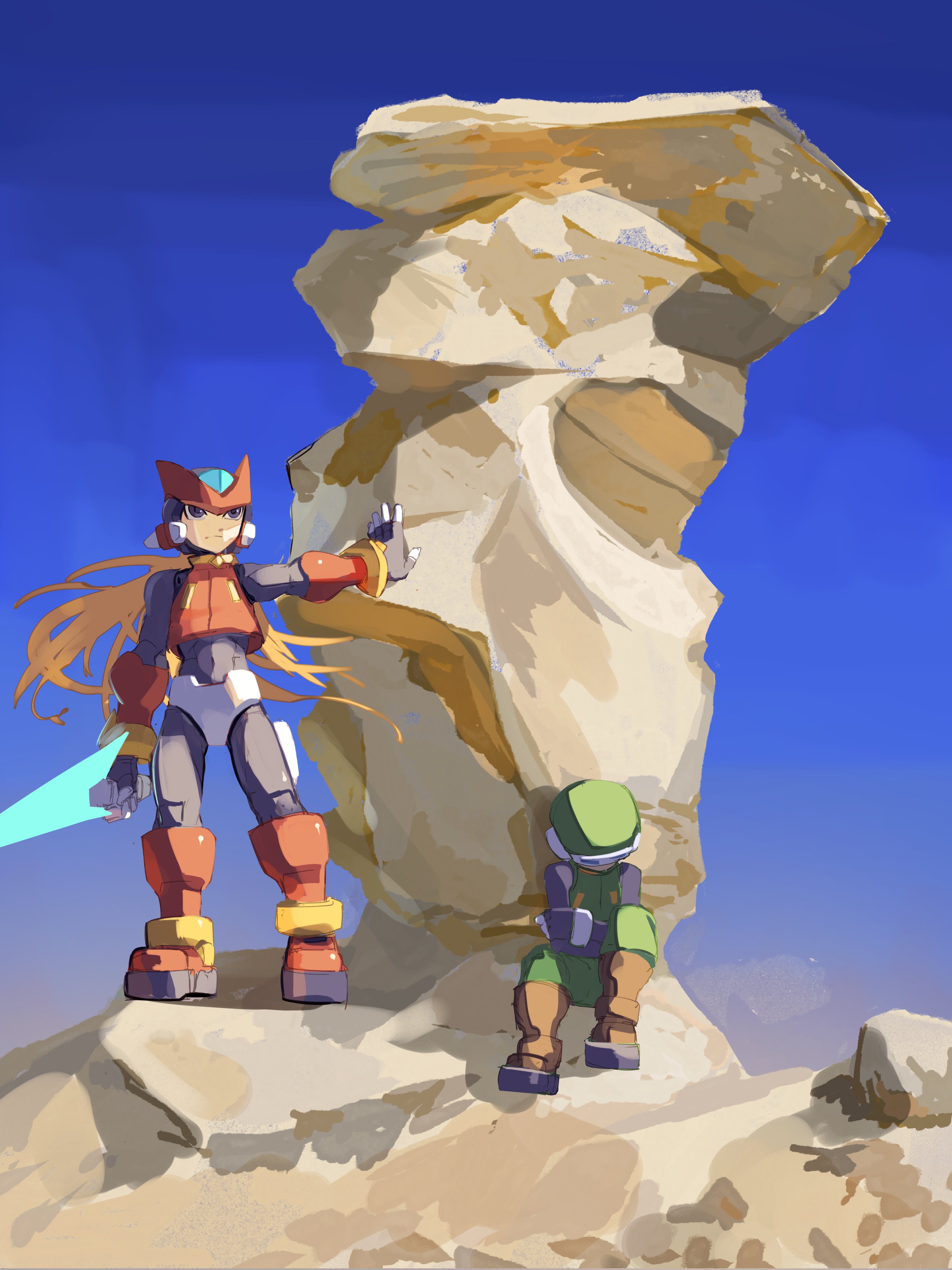 omochi (mochi skymega), zero(z) (mega man), zero (mega man), mega man (series), mega man zero (series), absurdres, highres, 2boys, armor, black eyes, blonde hair, energy sword, forehead jewel, helmet, holding, holding sword, holding weapon, long hair, multiple boys, outdoors, red armor, red helmet, standing, sword, weapon, z saber