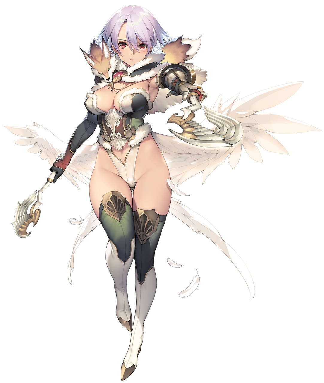 sasaoka gungu, choukou (alicesoft), choukou taisen escalation heroines, highres, official art, 1girl, angel wings, boots, breasts, cleavage, fox, full body, fur trim, gluteal fold, grey hair, holding, holding weapon, looking at viewer, medium breasts, pointing melee weapon, red eyes, solo, tachi-e, thigh boots, thighs, weapon, wings, zebriel