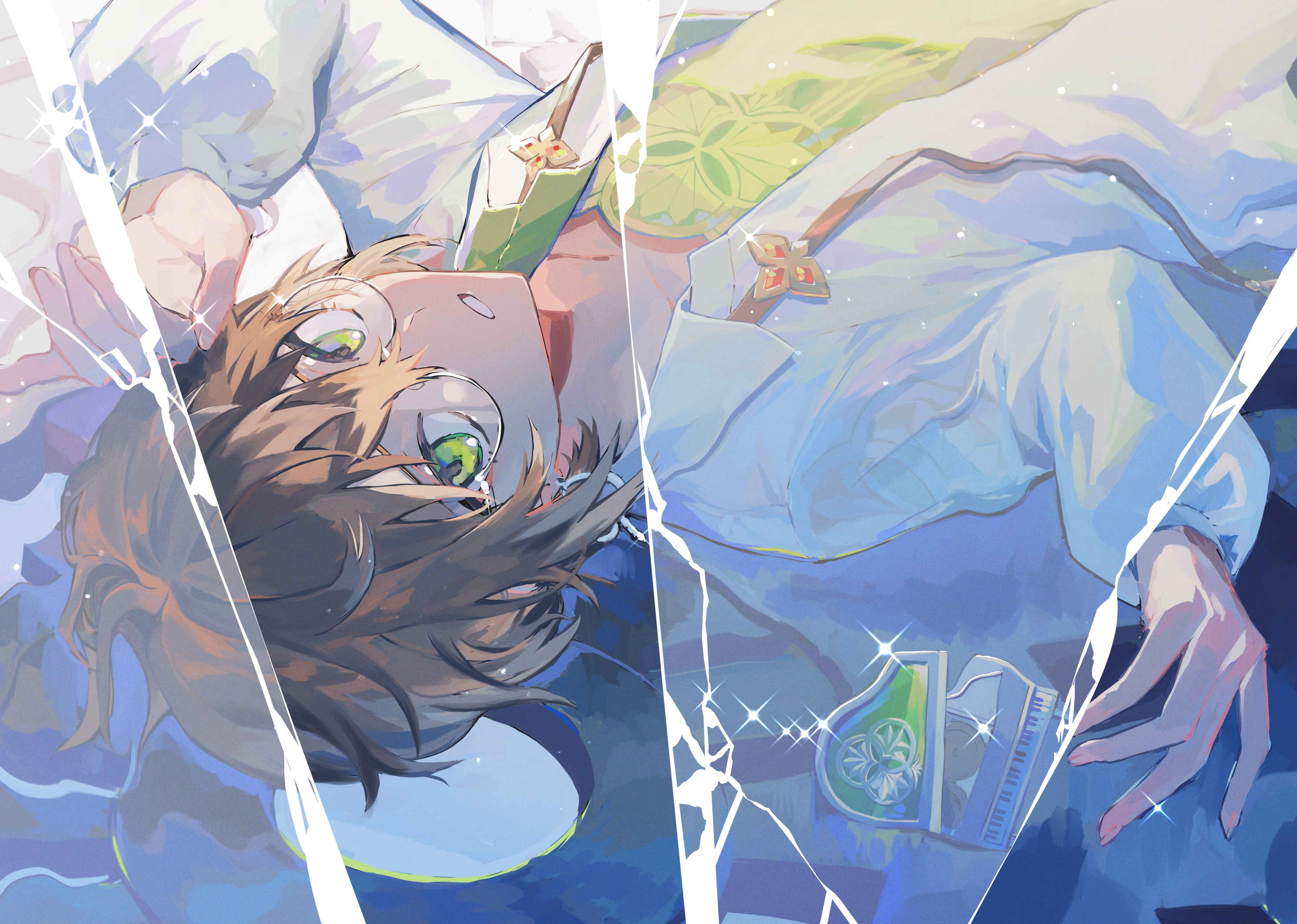 suwada, clock over orquesta, absurdres, highres, 1boy, ahoge, azusawa mito, brown hair, collared jacket, crack, cracked glass, earrings, glasses, green eyes, green shirt, hair between eyes, hand up, instrument, jacket, jewelry, light particles, long sleeves, looking at viewer, lying, male focus, mini piano, neck ribbon, on back, open clothes, open jacket, parted lips, piano, ribbon, round eyewear, shirt, short hair, sideways glance, solo, sparkle, undone neck ribbon, upper body, upside-down, white jacket