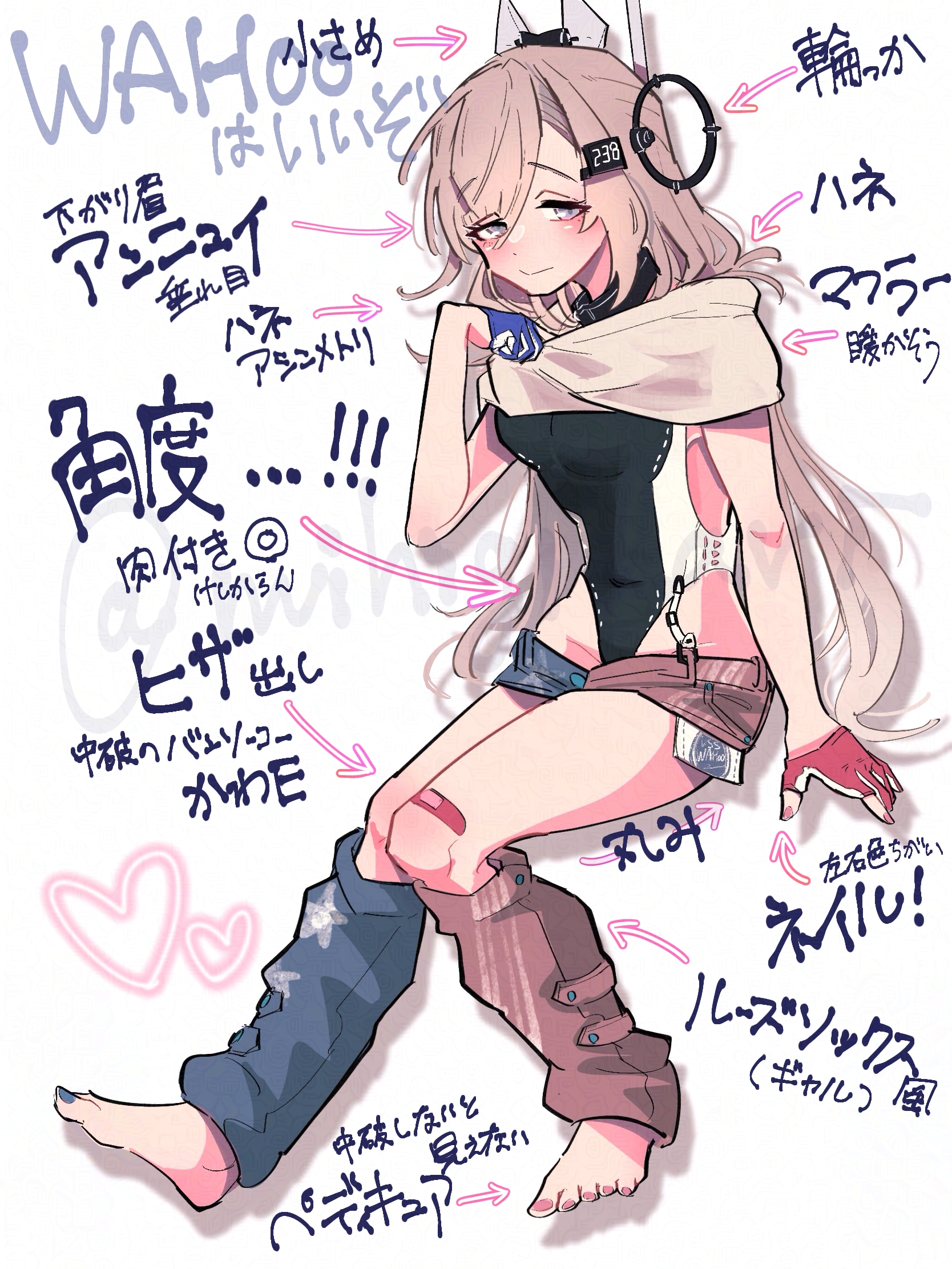 mihigidari, wahoo (kancolle), kantai collection, highres, translation request, 1girl, american flag, american flag print, american flag skirt, asymmetrical gloves, black one-piece swimsuit, blue gloves, breasts, covered navel, denim, denim skirt, flag print, gloves, grey eyes, grey hair, headgear, highleg, highleg one-piece swimsuit, medium breasts, mismatched gloves, one-piece swimsuit, partially fingerless gloves, print skirt, red gloves, scarf, skirt, solo, super highleg, swimsuit, two-tone one-piece swimsuit, white one-piece swimsuit, white scarf
