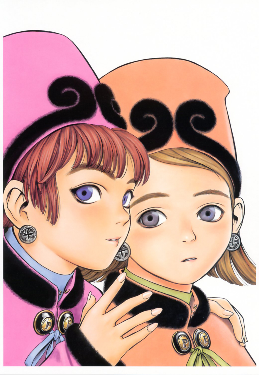 murata range, like a balance life, highres, 2girls, blonde hair, blue eyes, grey eyes, hat, multiple girls, red hair